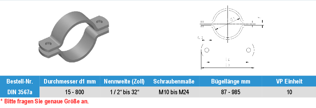 Rohrschelle DIN 3567 Form A  Edelstahl A2, A4 